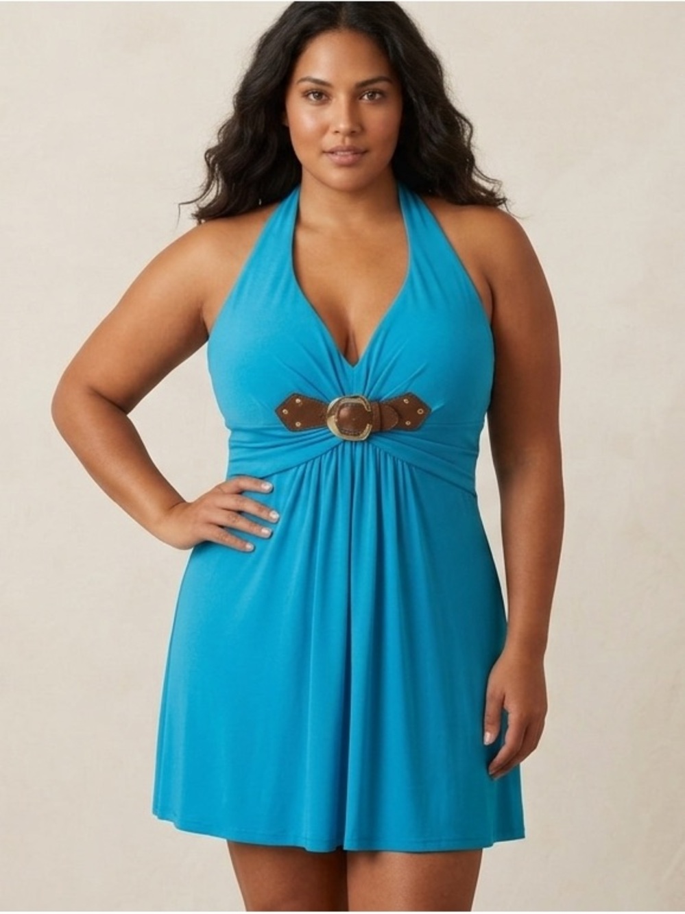 Cache Turquoise Halter Midi Dress with Brown Belt Detail